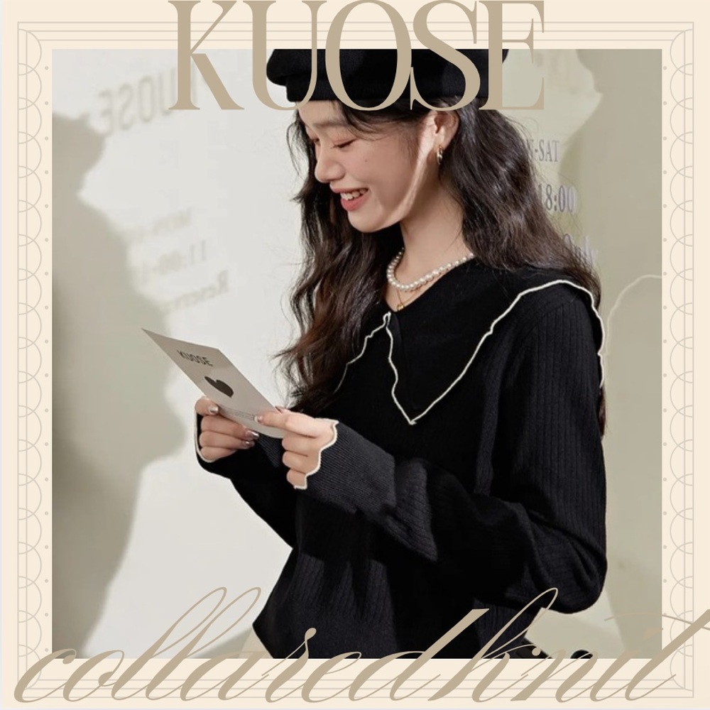 KUOSE Black Collared Knit Sweater Top